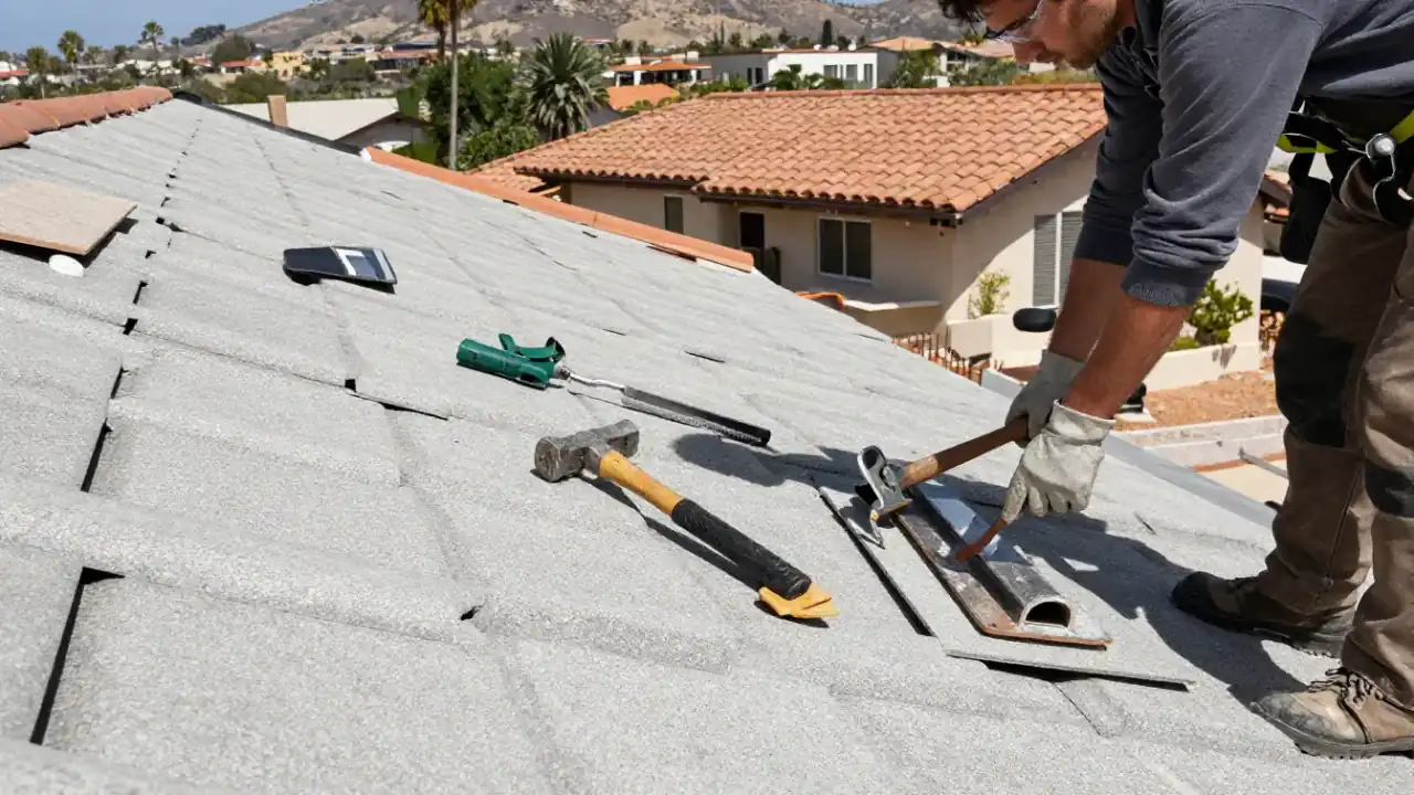 Tile Roof Repair in Laguna Niguel, California: close-up of various tile roofing tools neatly arranged on a protected section