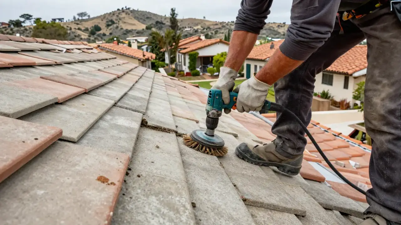 Tile Roof Repair in Laguna Niguel, California: tile roofer using a rotary brush attachment on a power drill to clean