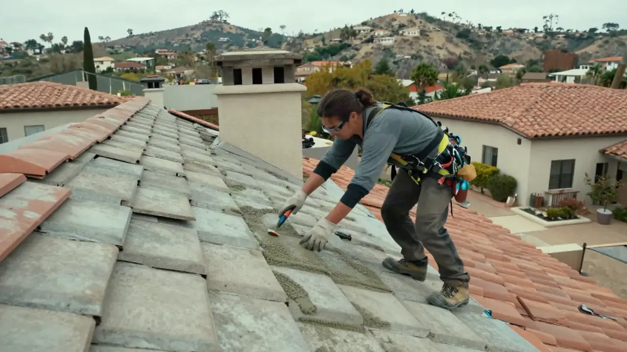 Chimney Flashing & Loose Tile Repair in Laguna Niguel, California: roofer re-securing loose tiles adjacent to a chimney