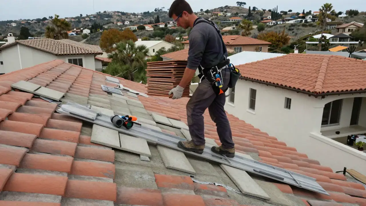 Tile Roof Repair in Laguna Niguel, California: tile roofer carefully walking on specialized walkboards across a sloped