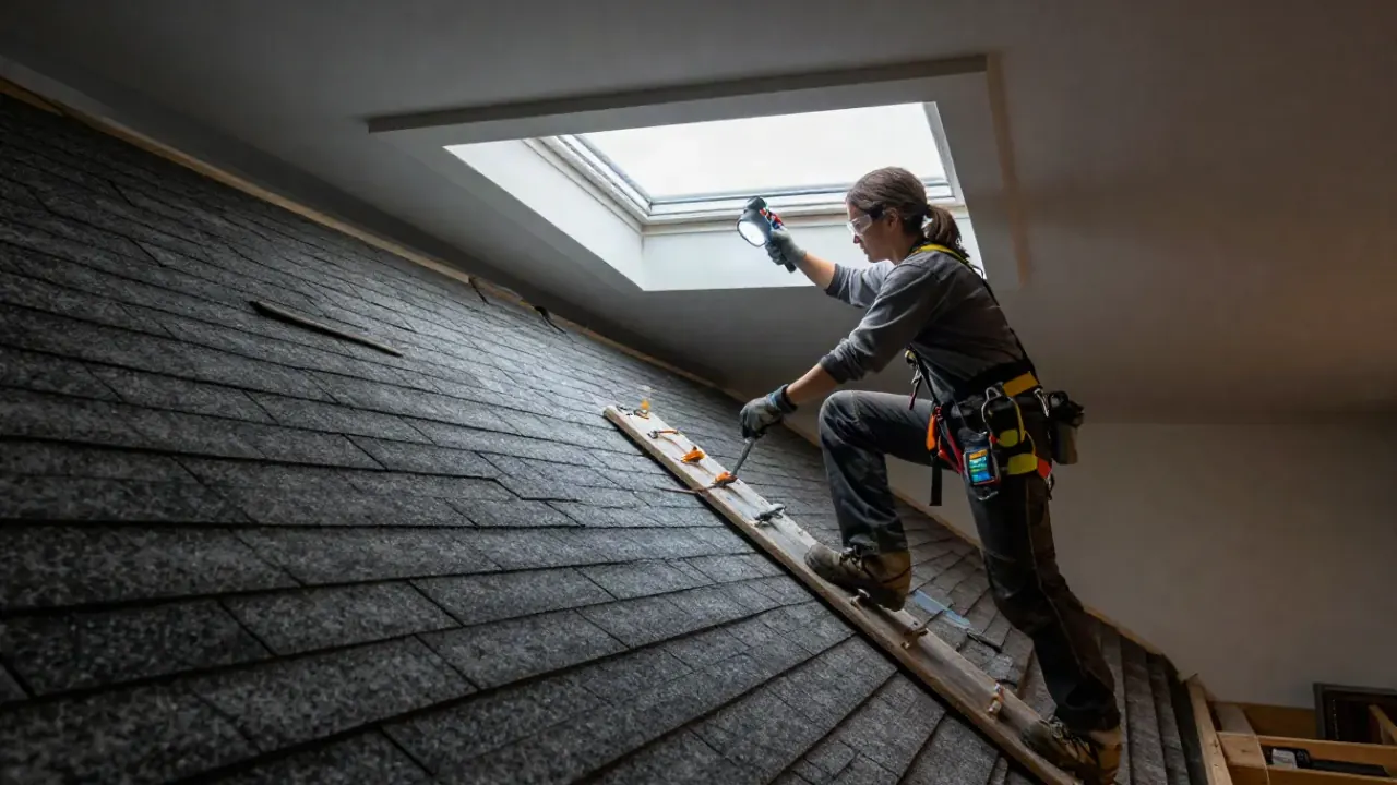 Skylight Leak Repair in Laguna Niguel, California: roofer inspecting the interior well of a skylight from inside an attic