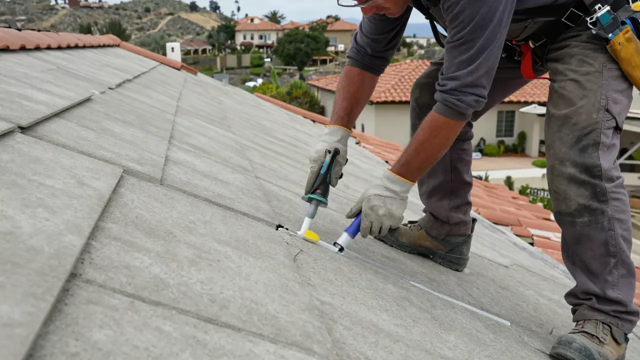 Tile Roof Leak Repair in Laguna Niguel, California: tile roofer applying a bead of clear silicone sealant along a hairline
