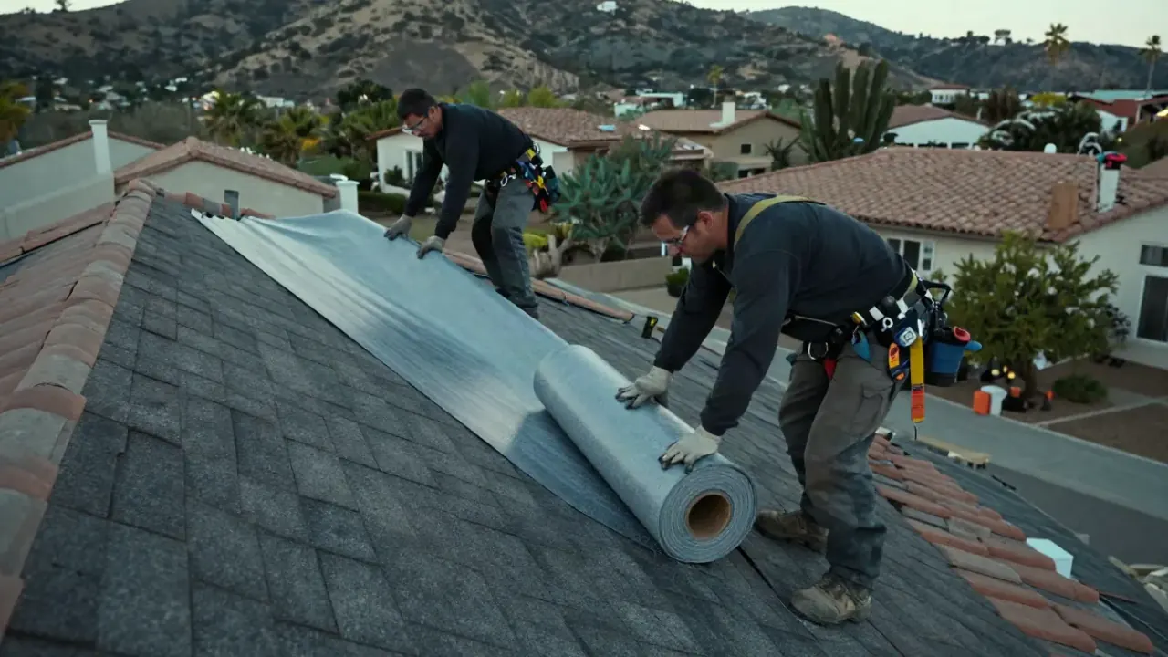 Tile Roof Re-Roofing in Laguna Niguel, California: Two roofers working together to roll out a large, heavy roll of new